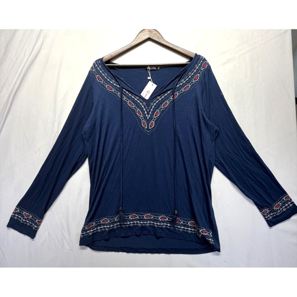 Urban Coco Blouse Top Womens 2XL Navy Blue Embroidered V Neck Tassel Detail